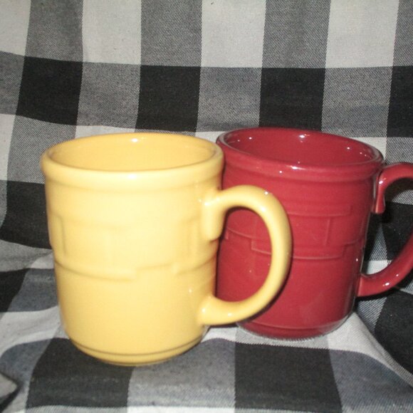 2 Longaberger Pottery Woven Traditions Butternut & Paprika Coffee 12oz Mugs Cups - Picture 1 of 4